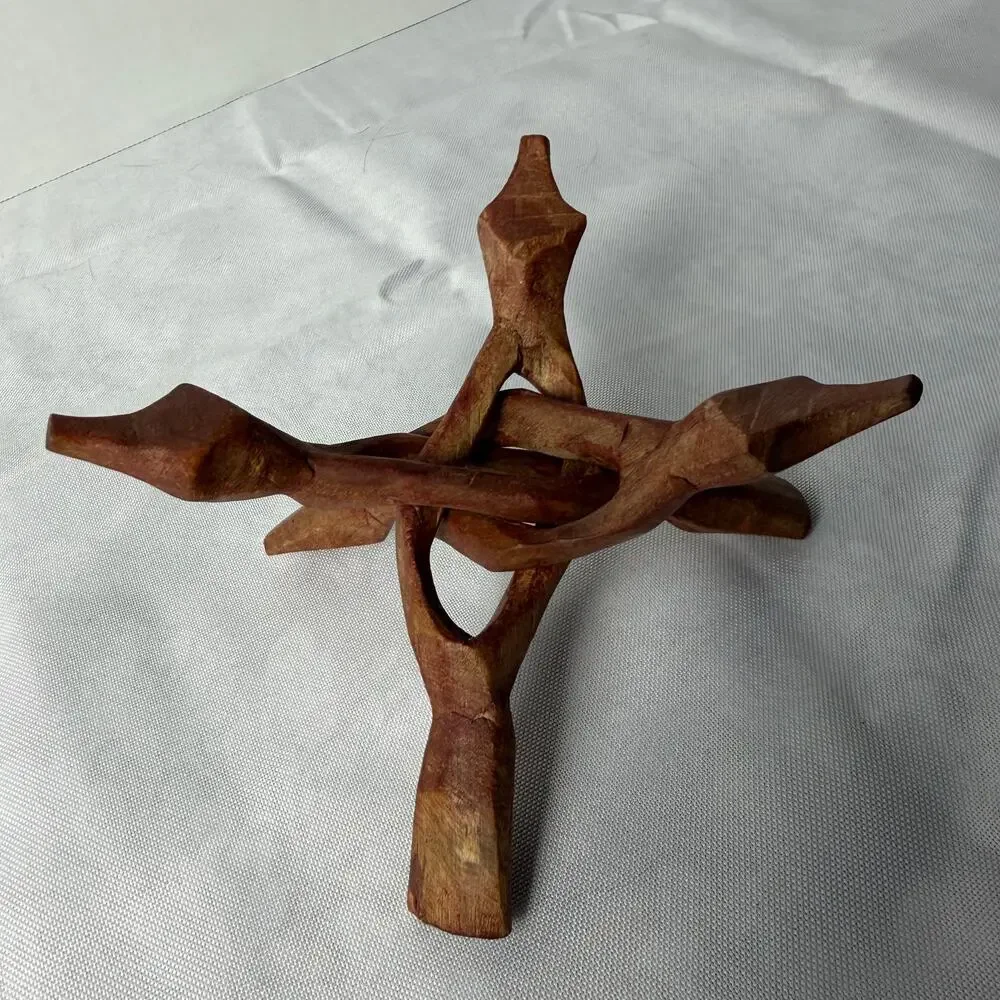 Hand Carved Interlocking Wood Folding Display Stand Small Tripod Puzzle Stand